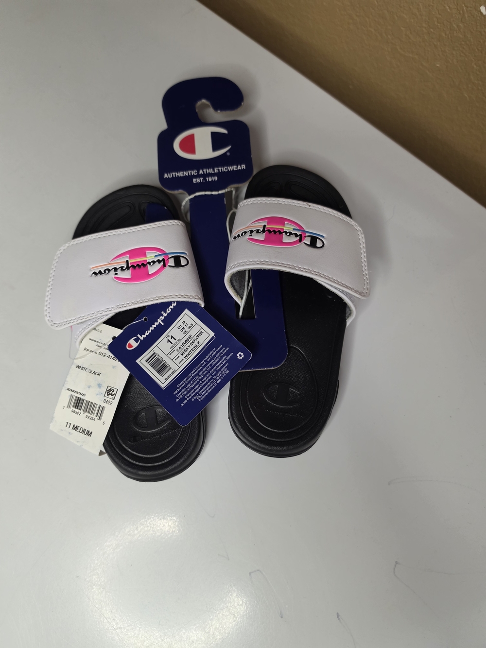 Champion Kids' White Slide Sandals with Pink Logo